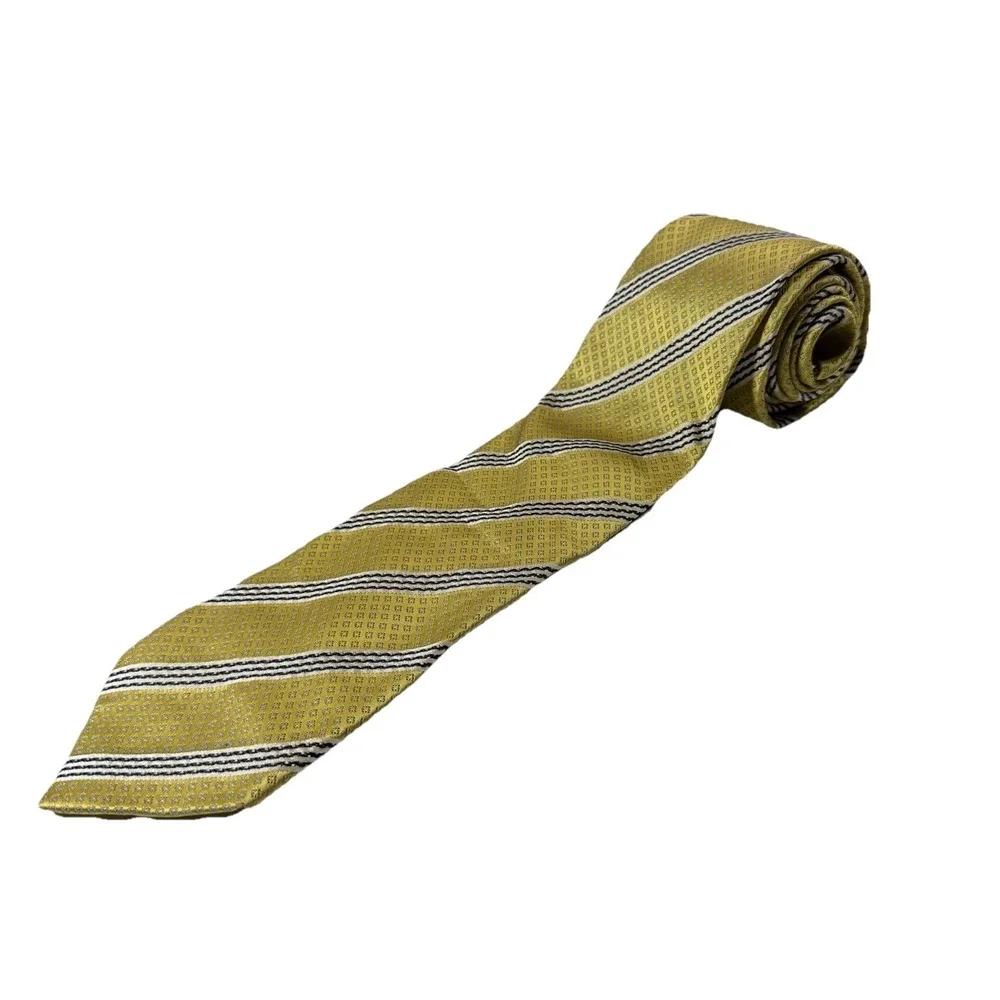 Ermenegildo Zegna Couture Silk Tie Yellow Gold Geometric Stripe Italian Mens
